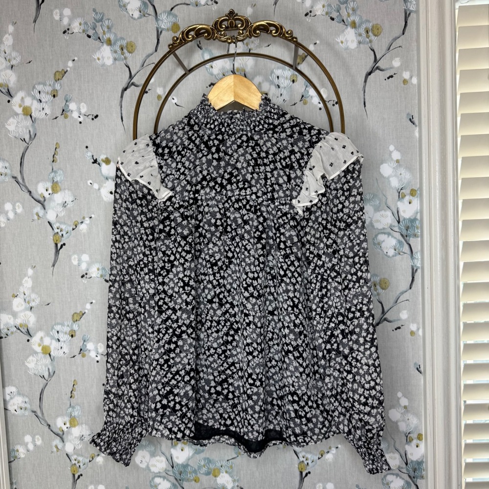 Ann Taylor Factory Floral Smocked Mock Neck Ruffle Blouse Black White XS